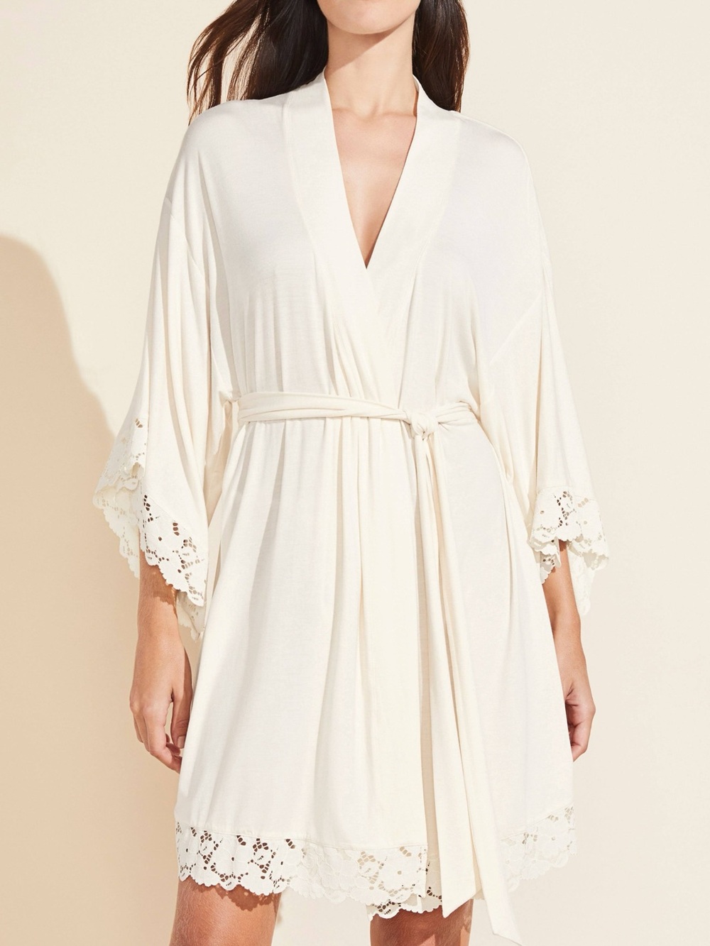 NWT Eberjey Cream Lace-Trim Kimono Robe